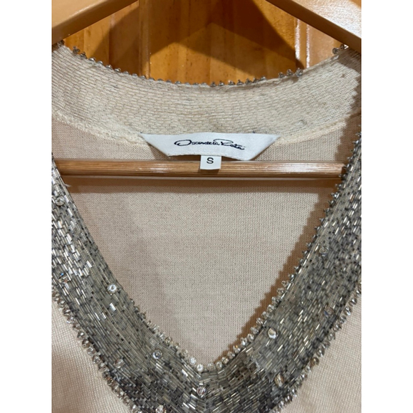 Oscar de la Renta Ivory Sleeveless Knit Top Beaded V-Neck Luxury Designer - Picture 6 of 6